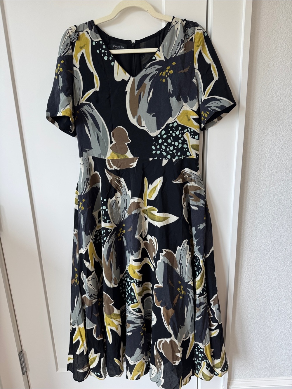 Lafayette 148 New York Black Floral Midi Dress with Gray, Brown & Mustard